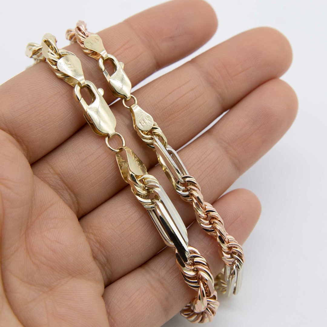 Milano Figaro Rope Chain Bracelet Real 14K Tricolor Gold All Sizes Etsy
