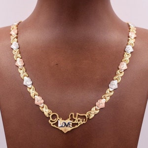 17&quot; I Love You Kisses & Hearts Necklace 14K Tricolor Gold Clad Silver 925 XOXO
