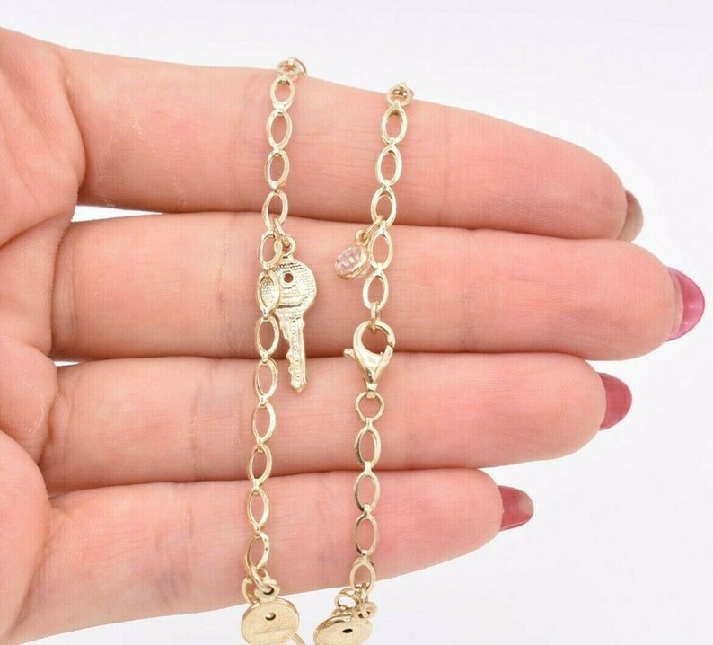Key Lock Charm Anklet Chain Real 10K Yellow Gold 10