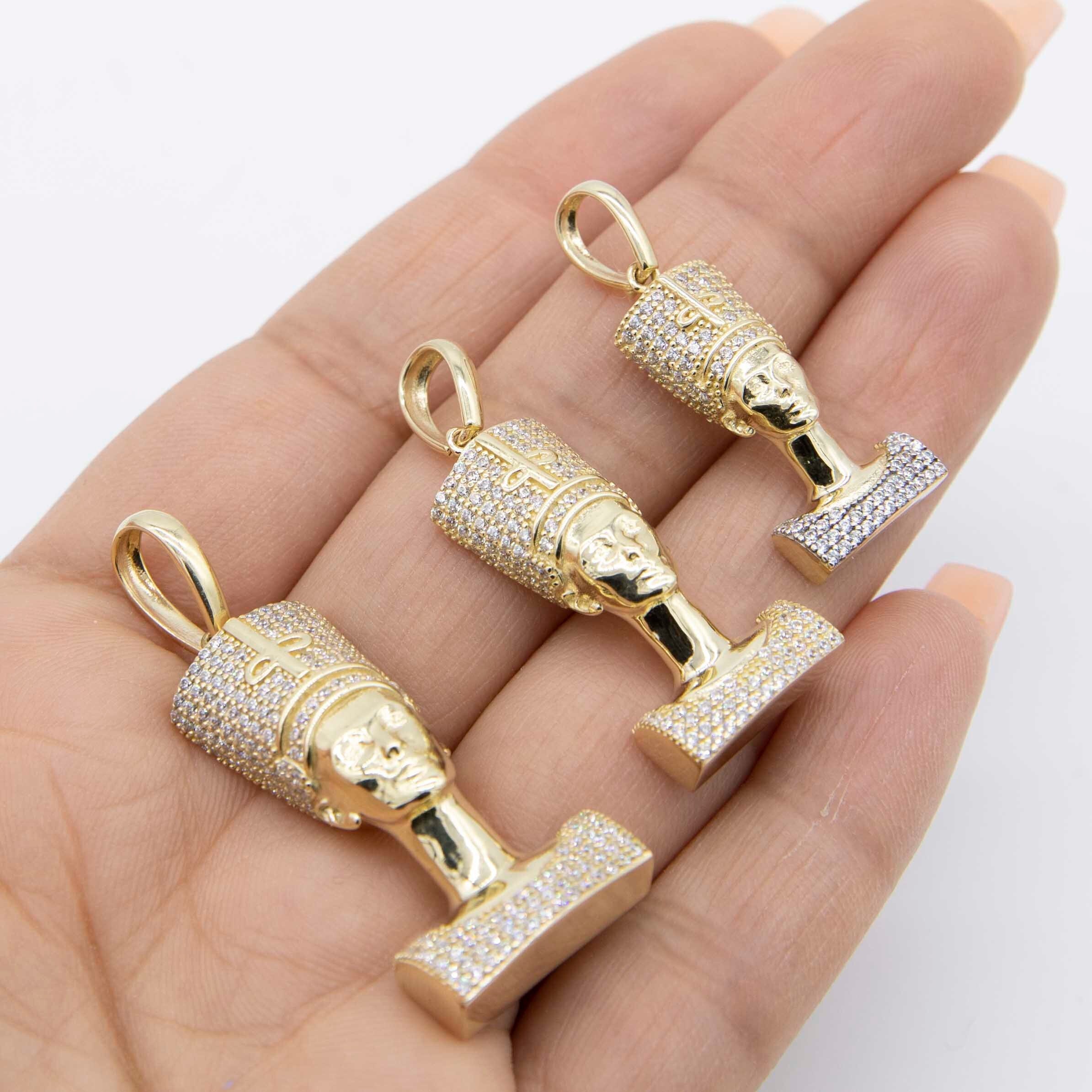 CZエジプト女王ネフェルティティヘッドペンダント、本物の10Kイエロー