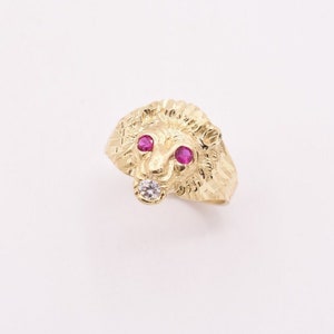 Bague unisexe tête de lion pour hommes, yeux rubis et cz véritable massif or jaune 10 carats, taille 11