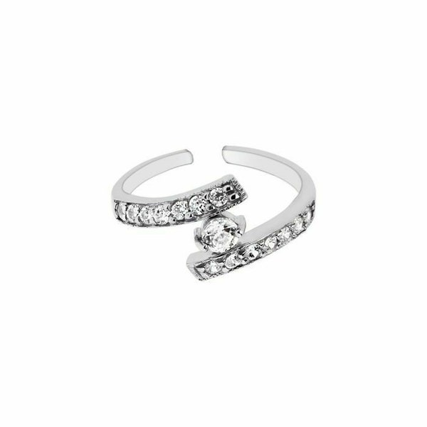 Silver CZ Bypass Toe Ring with Round Solitaire CZ Real Sterling Silver 925