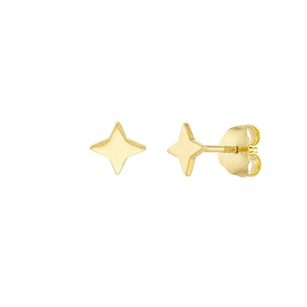 6mm North Star Stud Earring Real 14K Yellow Gold