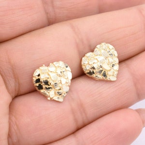 Small Heart Shaped Nugget Textured Stud Earrings Real Solid 10K Yellow Gold