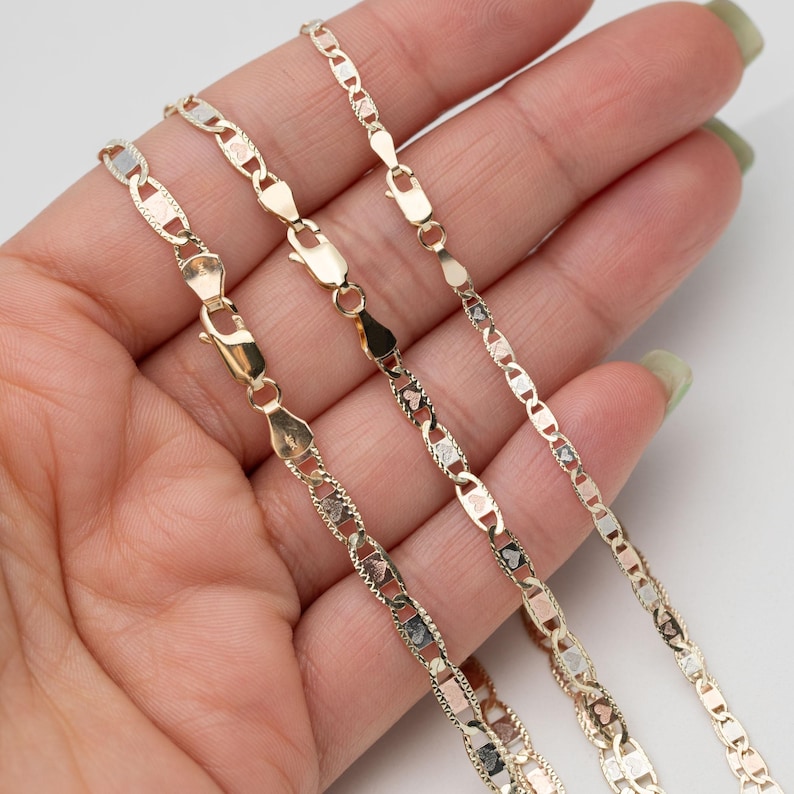 10K GOLD Heart Textured Valentino Link Chain Necklace Tri-Color Gold All Sizes image 2