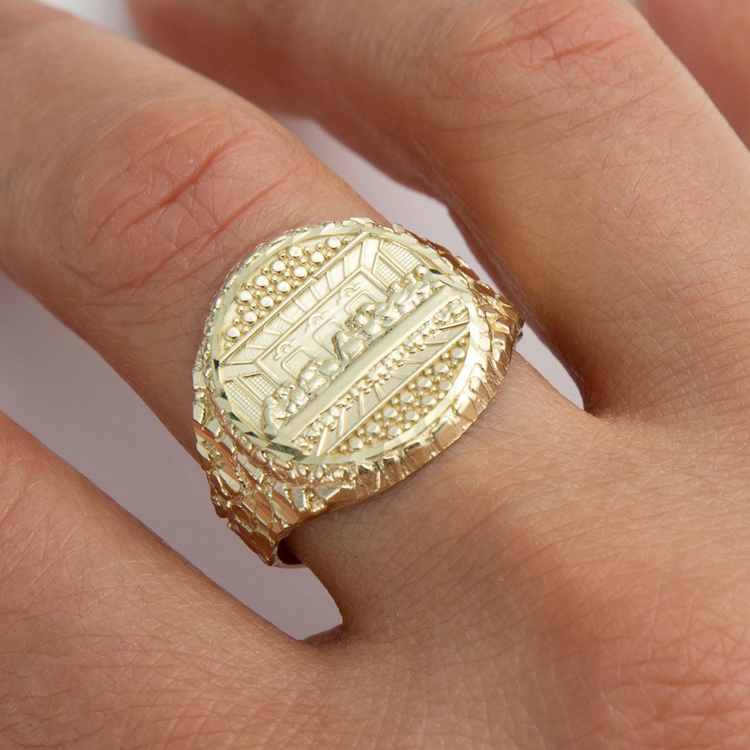 Solid 10K Gold Diamond-Cut Last Supper Nugget Ring Yellow Gold