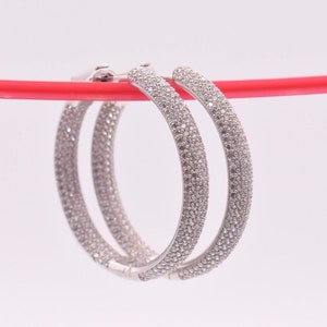 35mm Inside Out Diamonique Pave CZ Hoop Earrings 14K White Gold Clad Silver 925