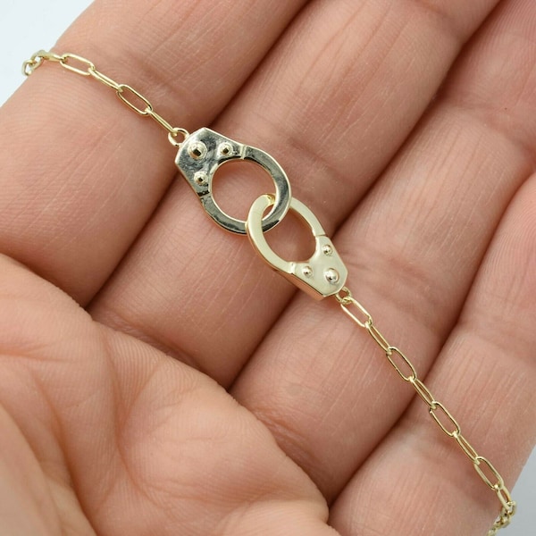 Bracelet de cheville trombone avec menottes réglables, plaqué or jaune 14 carats, argent 925