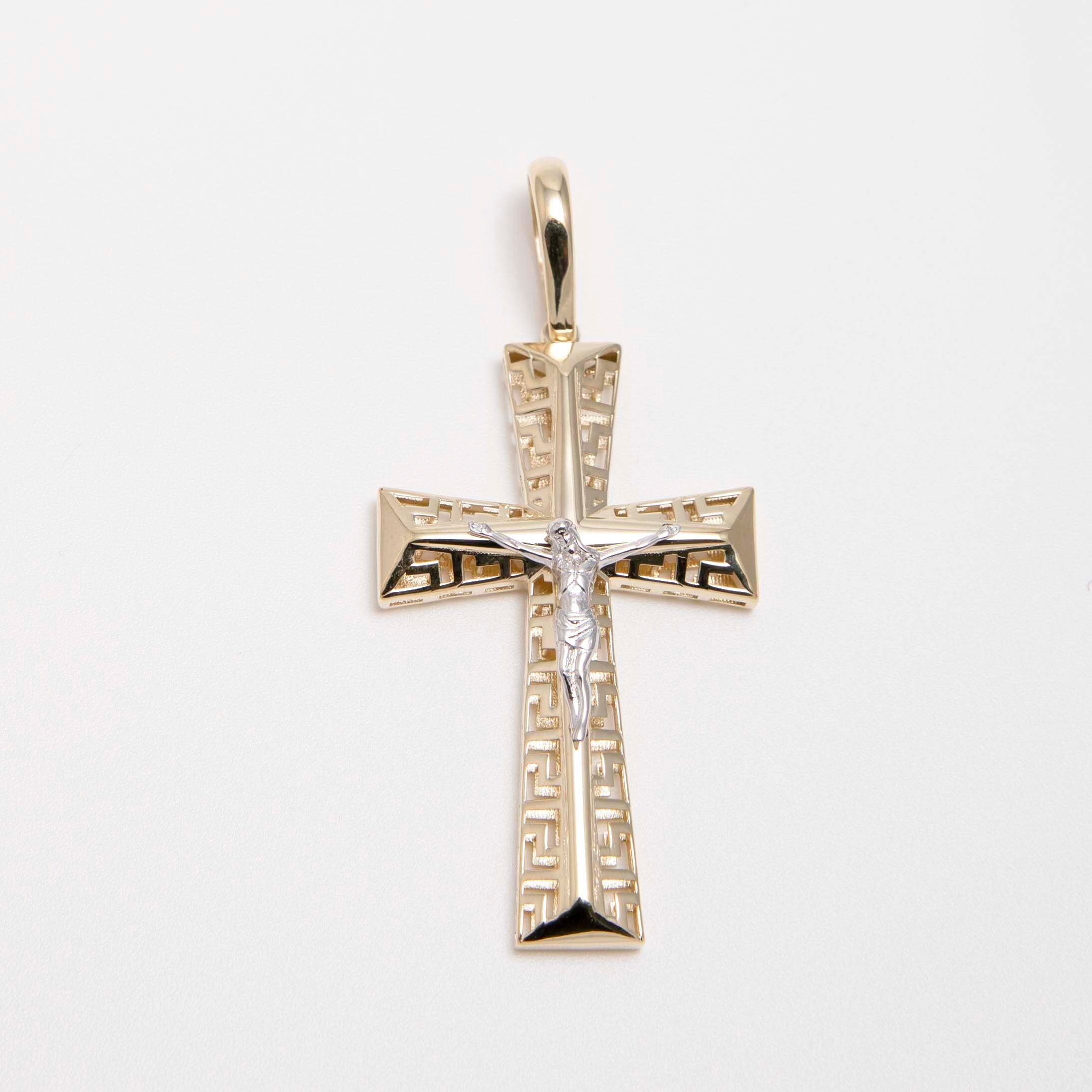 Greek Key Crucifix Jesus Cross Pendant Real 10K Yellow White Gold All ...
