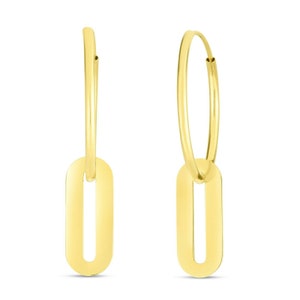 1 1/4&quot; Hoop Earrings with Paperclip Drop Real 14K Yellow Gold