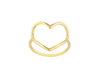 Plain Shiny Open Heart Ring Real Solid 14K Yellow Gold