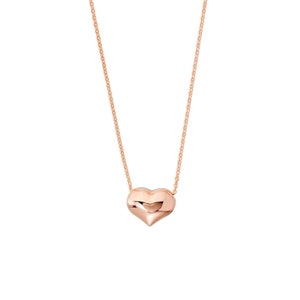 Adjustable Puffed Heart Chain Necklace Real 14K Rose Gold 18&quot;
