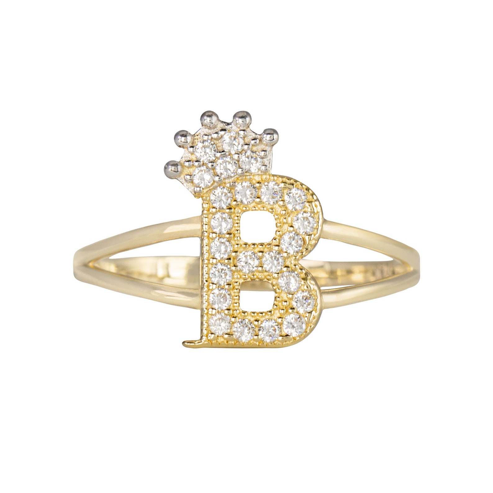 Polished Letter B CZ Ring Real Solid 14K Yellow Gold Etsy