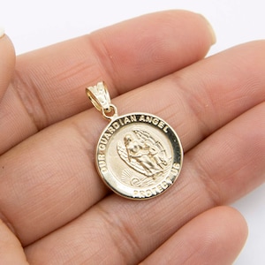 1" Textured Guardian Angel Medallion Pendant Real 14K Yellow Gold