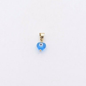 Small Ocean Blue Heart Shape Evil Eye Round Charm Pendant Real 14K Yellow Gold