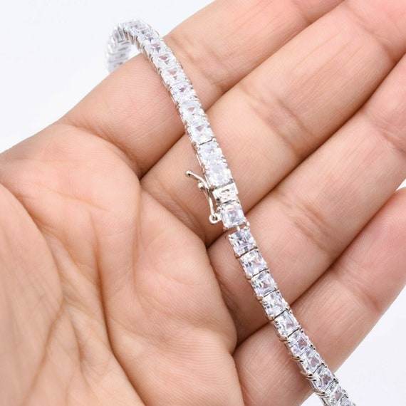 4mm Princess Cut Tennis Chain Necklace 14K White Gold Clad Silver