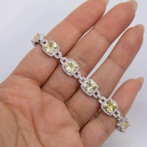Yellow CZ Cushion Link Tennis Bracelet Sterling Silver 925