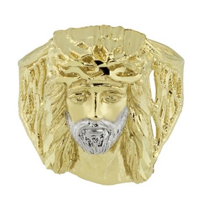Jesus Head Textured Two-Tone Ring Solid 10K Yellow White Gold