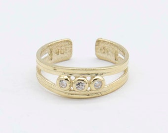 Adjustable CZ Three-Stone Bezel Set Toe Ring Solid Real 10K Yellow Gold