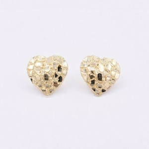 Medium Heart Shaped Nugget Textured Stud Earrings Real Solid 10K Yellow Gold