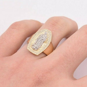 Virgin Mary Lady Guadalupe CZ Ring Real Solid 10K Yellow White Gold