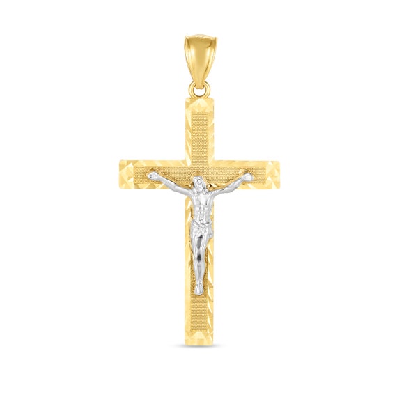 10K Gelb und Weißgold Zweifarbiger Diamant Kreuz Anhänger 10K Gelb und Weißgold Zweifarbiger Diamant Kreuz Anhänger