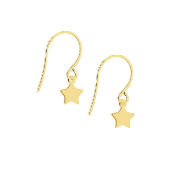 Small Dangle Star Fish Hook Earrings Real 14K Yellow Gold