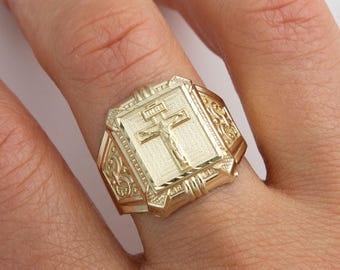 Solid 10K Gold Jesus Crucifix Cross Signet Ring Yellow Gold
