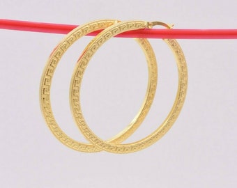 1 3/8" 35mm Flat Greek Key Motif Hoop Earrings 14K Yellow Gold Clad Silver 925