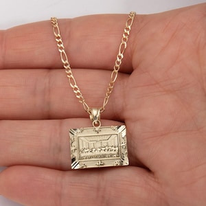 Solid 10K Gold 3/4" Last Supper Pendant Necklace Yellow Gold