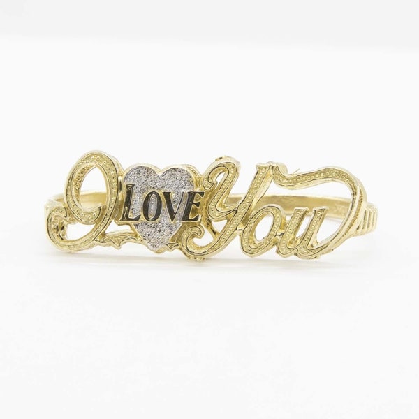 I Love You Script Textured Heart Two-Finger Ring Real 10K Gold Yellow White Gold
