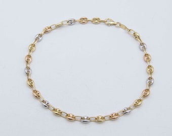 Puffed Mariner Link Chain Anklet Real 14K Tri-Color Gold