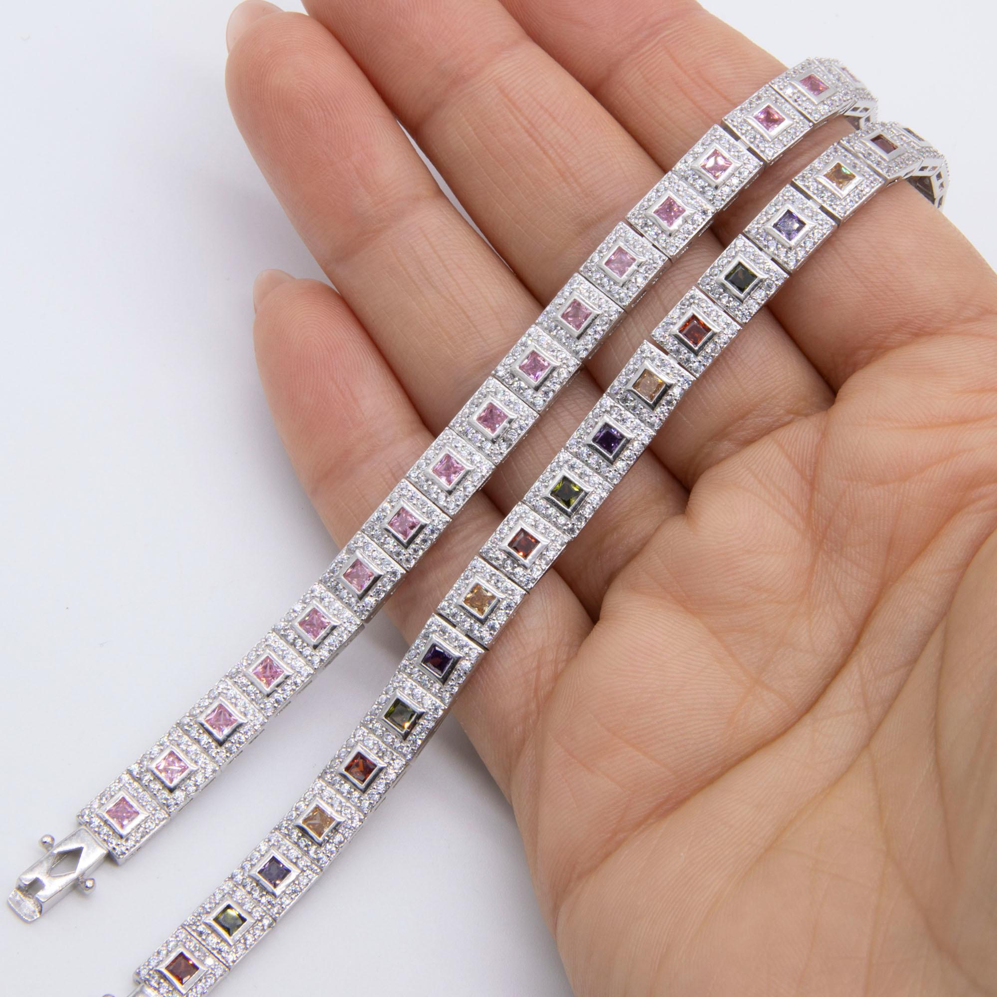 Colorful Round-cut CZ Square Link Tennis Bracelet Sterling