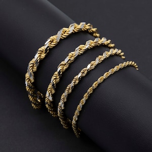 Solid 14K Gold Diamond-Cut Rope Chain Bracelet Real 14K Yellow White Gold All Sizes