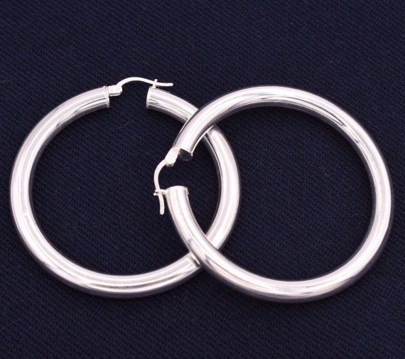 Orecchini A Cerchio Rotondi Spessi E Semplici Da 2" 5 Mm X 50 Mm In Vero Argento Sterling 925 - Italia - Foto 7