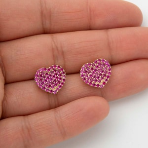 1/2&quot; Pink CZ Heart Stud Earrings Real 10K Yellow Gold