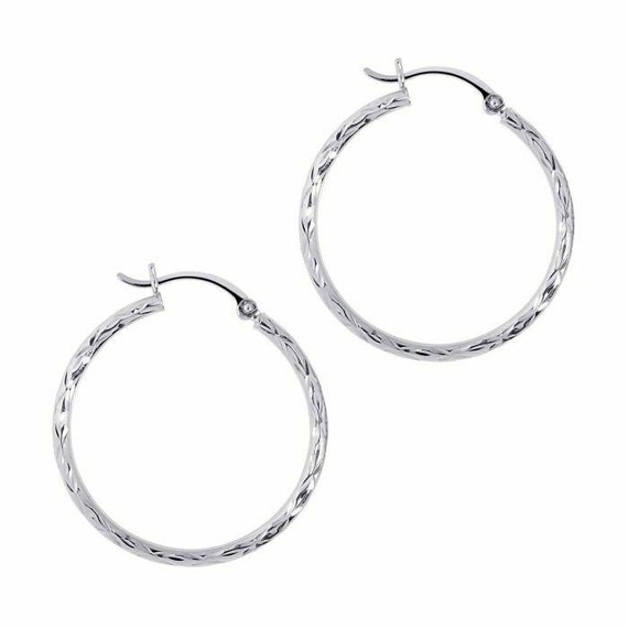 1 1/4 Diamond Cut Hoop Earrings Real 14K White Gold - Etsy