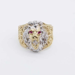 Lion Ring Ruby Eyes & CZ Solid Real 10K Yellow White Gold All Sizes