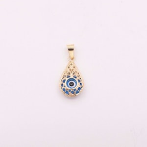 3D Filigree Drop Blue Evil Eye Good Luck Charm Pendant Real 14K Yellow Gold