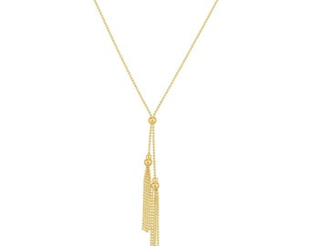Collar con lazo y borlas de cuentas dobles en oro amarillo auténtico de 14 quilates de 18"