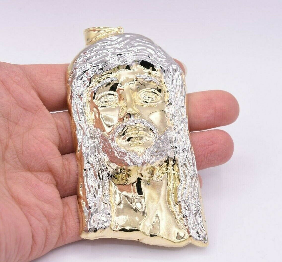 Colgante con cabeza de Jesús con corte de diamante de 4,25" para hombre, oro blanco y amarillo auténtico de 10 quilates