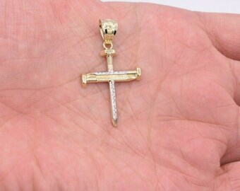 1 1/2" Screw Nail Cross Charm Pendant Diamond Cut Real 10K Yellow White Gold