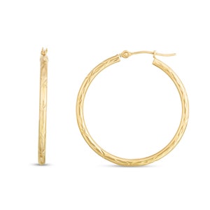 1 1/4&quot; 2mm x 30mm Diamond-Cut Hoop Earrings Real 14K Yellow Gold