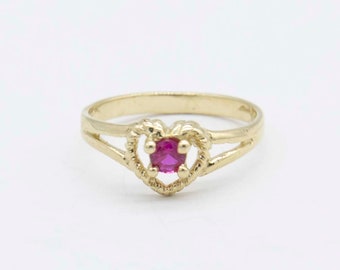 Pink Ruby CZ Heart Toe Ring Solid Real 10K Yellow Gold