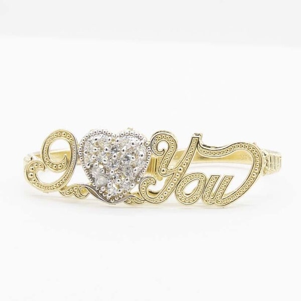 Two-Tone "I Love You" Script CZ Heart Two-Finger Ring Real 10K Yellow White Gold