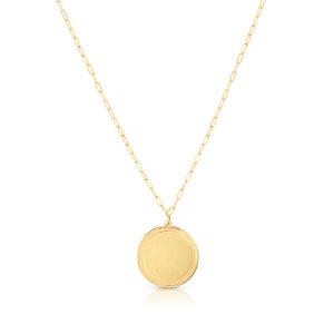 Engravable Round Medallion Tag Necklace on Paperclip Chain Real 14K Yellow Gold