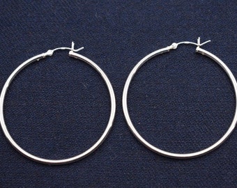 2mm X 45mm 1.75" Plain Polished Round Hoop Earrings Real 925 Sterling Silver