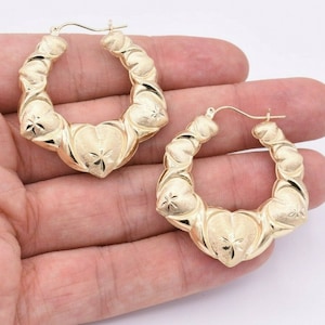 1 3/4&quot; Diamond Cut Satin Graduated Heart Hoop Earrings Real 10K Yellow Gold