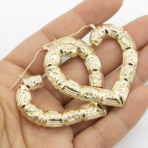 1 3/4&quot; Heart Bamboo Hoop Earrings Real 10K Yellow Gold