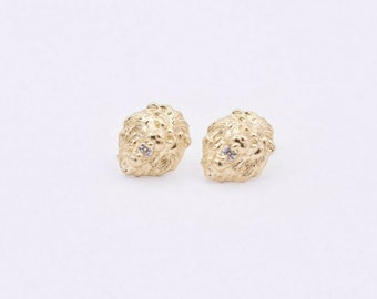Small Lion Head with CZ Stud Earrings Real Solid 10K Yellow Gold